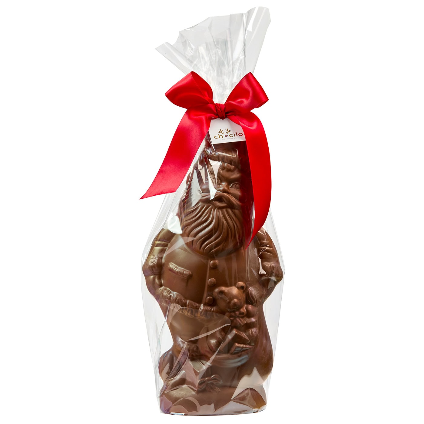 Chocilo Melbourne 550g Milk Chocolate Large Jolly Santa wrapped in cello with a swing tag and red ribbon.