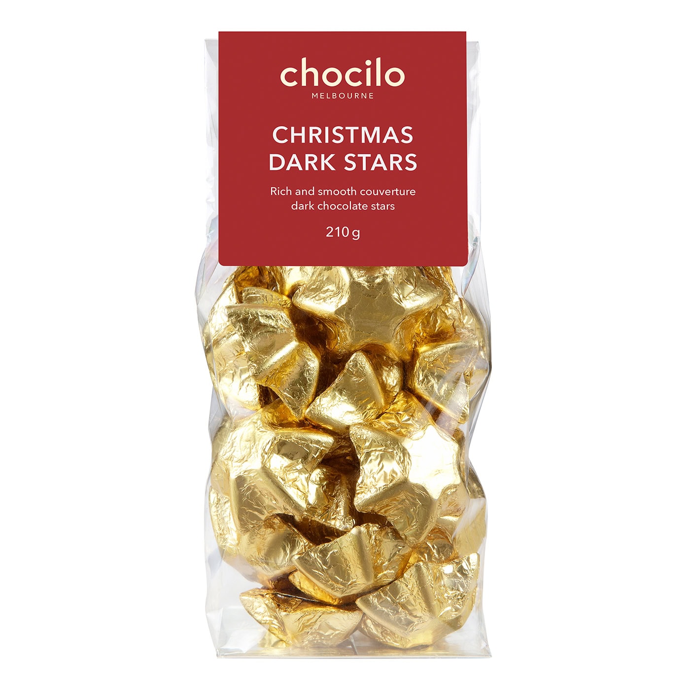 Chocilo Melbourne Gold Foiled Solid Dark Chocolate Stars in clear cello gift bag.