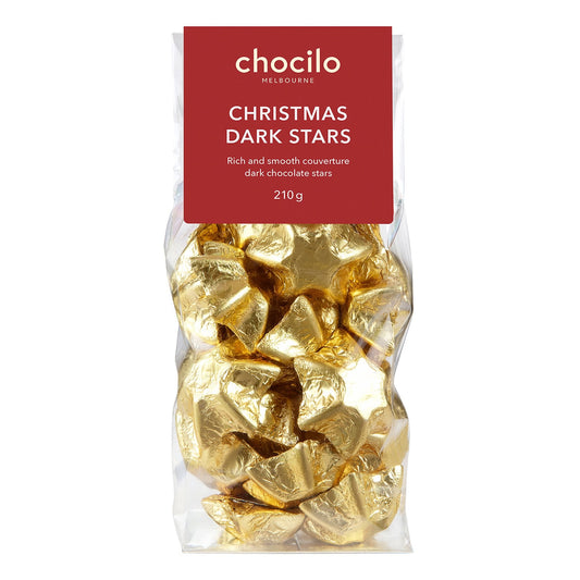 Chocilo Melbourne Gold Foiled Solid Dark Chocolate Stars in clear cello gift bag.