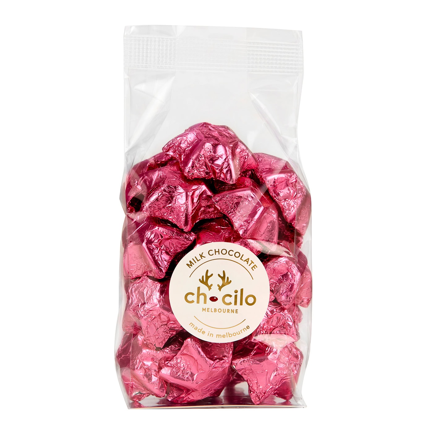 Chocilo Melbourne Pink Foiled Solid Milk Chocolate Stars in clear cello gift bag