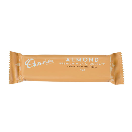 Chocolatier Australia Milk Chocolate Almond Bar 40g. Made in Melbourne.