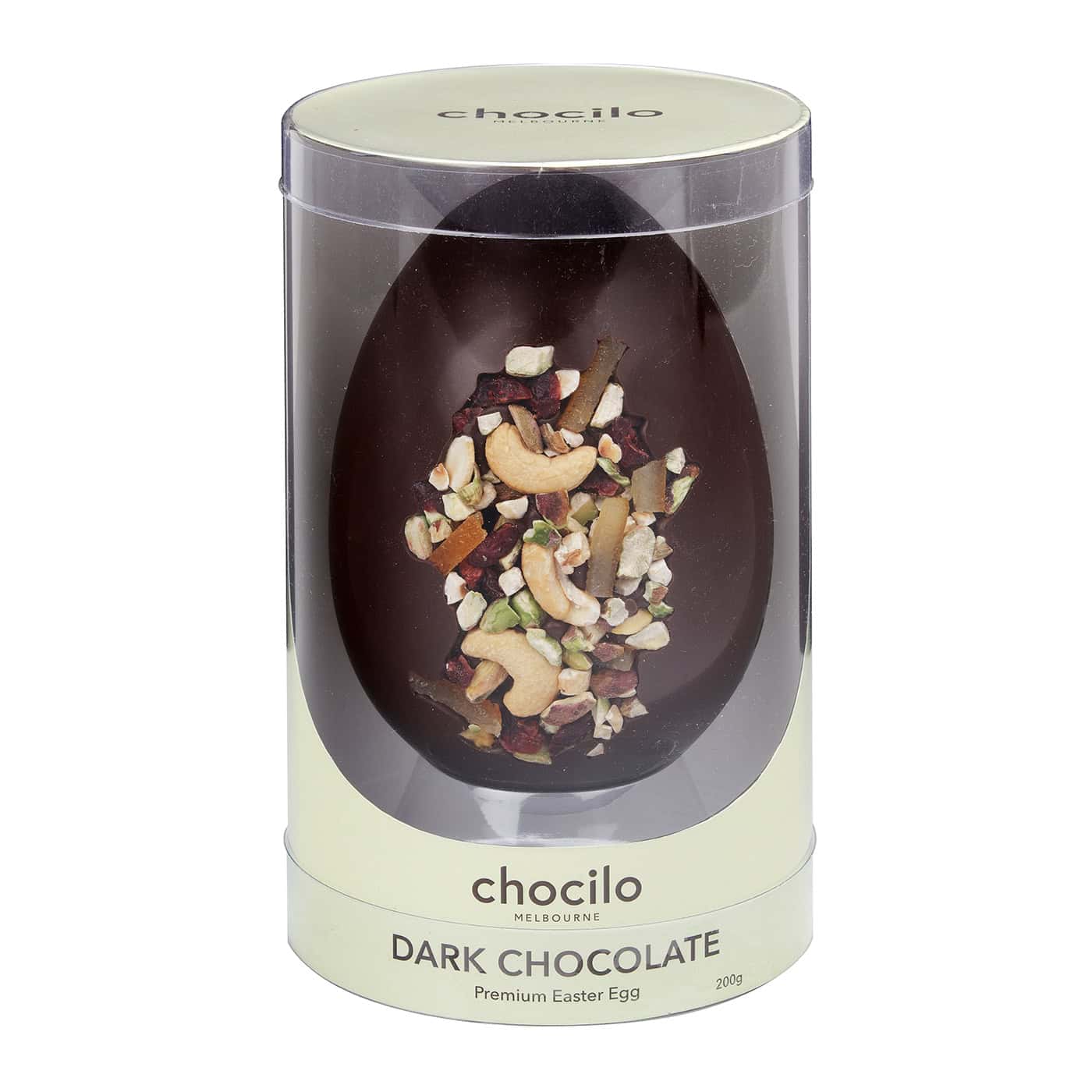 Chocilo Melbourne Premium Dark Chocolate Easter Egg with Fruit & Nuts, packaged in a clear gift cylinder.
