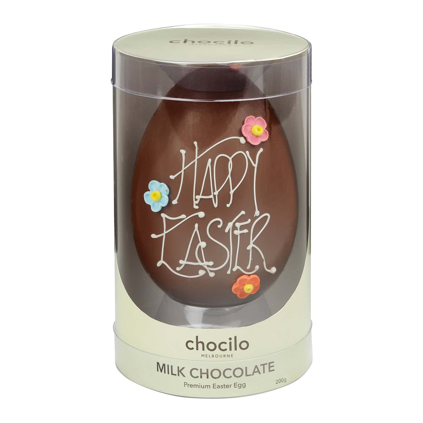 Chocilo Melbourne Milk Chocolate Easter Egg with hand piped white chocolate "Happy Easter" and handmade sugar flower decorations.