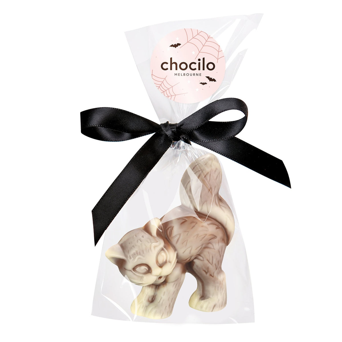 A packaged cat-shaped chocolate from the brand Chocilo Melbourne, wrapped in a clear cellophane bag tied with a black ribbon and bow.