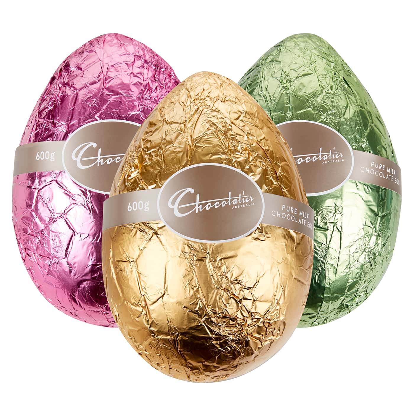 Chocolatier Australia 600g Couverture Milk Chocolate Easter Egg wrapped in assorted coloured foils.