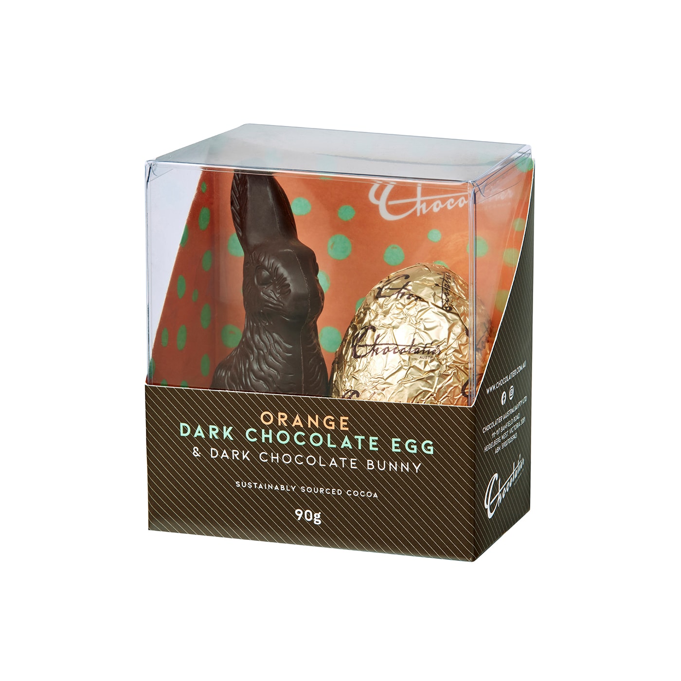 Chocolatier Australia Easter Gift Box with a Dark Chocolate Bunny and Orange Dark Chocolate Egg