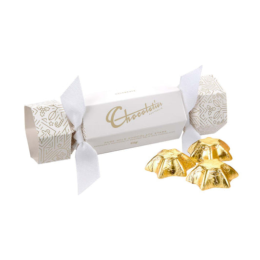 Chocolatier Australia White Bon Bon with solid milk chocolate stars wrapped in gold coloured foil.