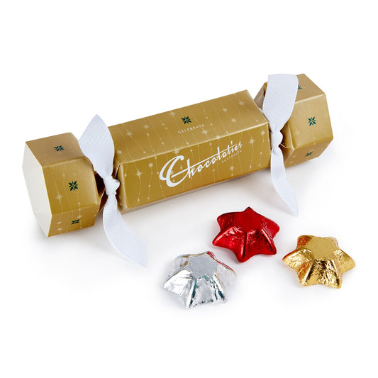 Chocolatier Australia Gold Bon Bon with solid milk chocolate stars wrapped in festive coloured foil.