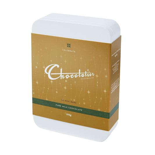 Chocolatier Australia Gift Tin with Pure Milk Chocolate Mini Bars individually wrapped in gold foil.