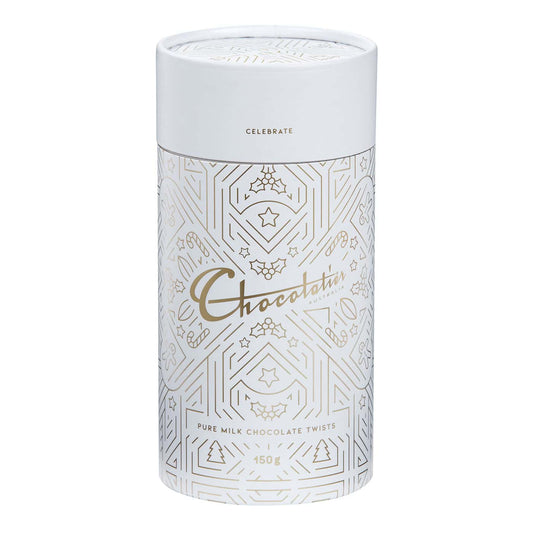 Chocolatier Australia Celebrate Milk Chocolate Twists in a white and gold Christmas canister.