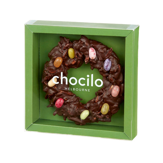 Chocilo Melbourne 100g Christmas Almond Wreath in Dark Chocolate with Jelly Bellies Gift Box