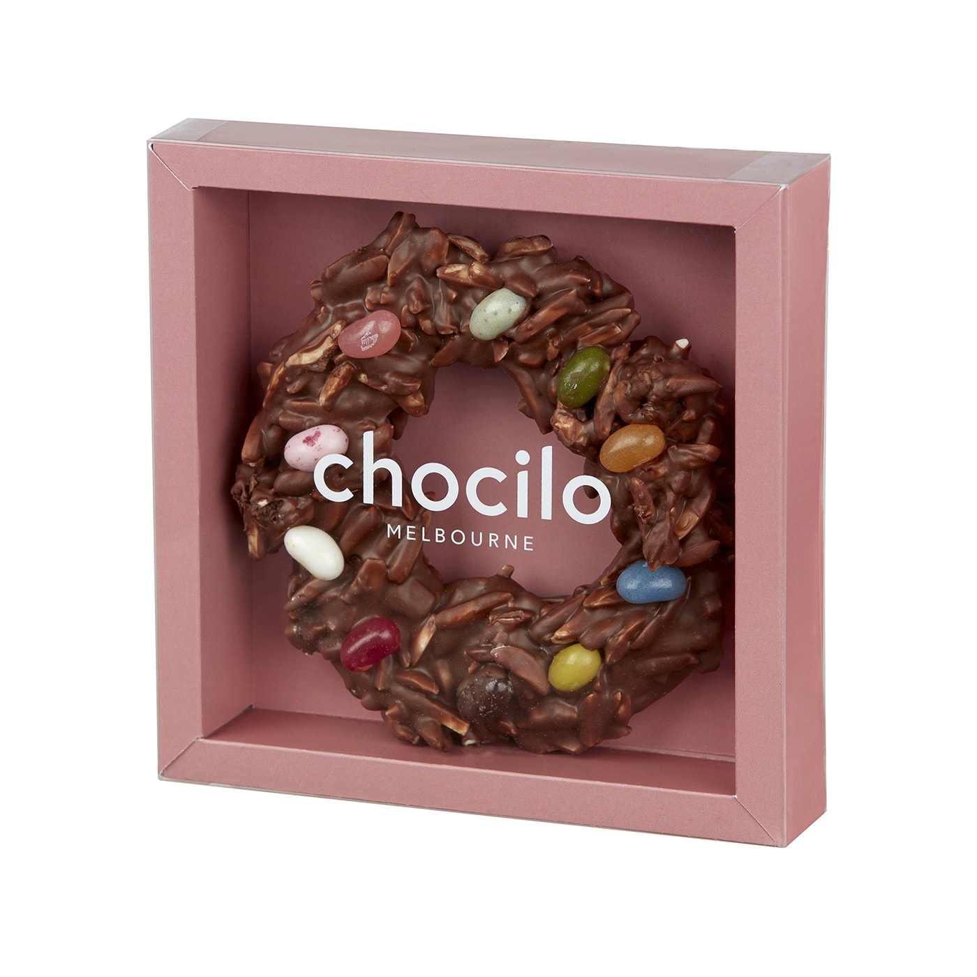 Chocilo Melbourne 100g Christmas Almond Wreath in Milk Chocolate with Jelly Bellies Gift Box