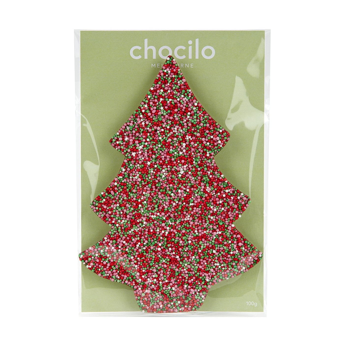Chocilo Melbourne 100g Milk Chocolate Christmas Tree with 100s and 1000s. Packaged in cello bag with green backing card.
