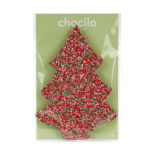 Chocilo Melbourne 100g Milk Chocolate Christmas Tree with 100s and 1000s. Packaged in cello bag with green backing card.