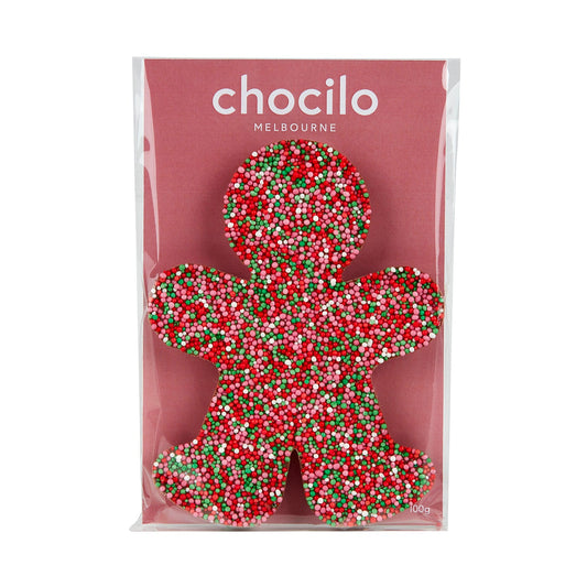 Chocilo Melbourne 100g Milk Chocolate Gingerbread Man with 100s and 1000s. Packaged in cello with a dusty pink backing card.