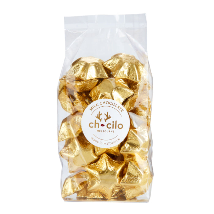 Chocilo Melbourne Gold Foiled Solid Milk Chocolate Stars in clear cello gift bag