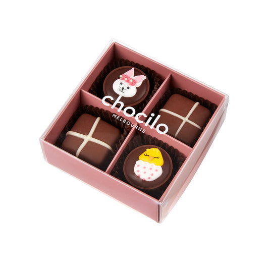 Chocilo Melbourne 4 Pack Easter Hot Cross Buns and Easter Caramels Chocolate Assortment Gift Box