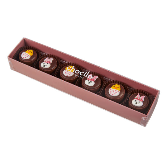 Chocilo Melbourne 6 Pack Easter Caramels in Milk Chocolate with chick and bunny sugar decorations in a Gift Box 80g