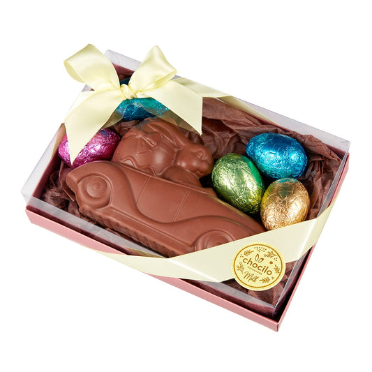 Chocilo Melbourne 240g Racing Car Bunny & Easter Eggs in Milk Chocolate presented in a dusty pink gift box with ribbon