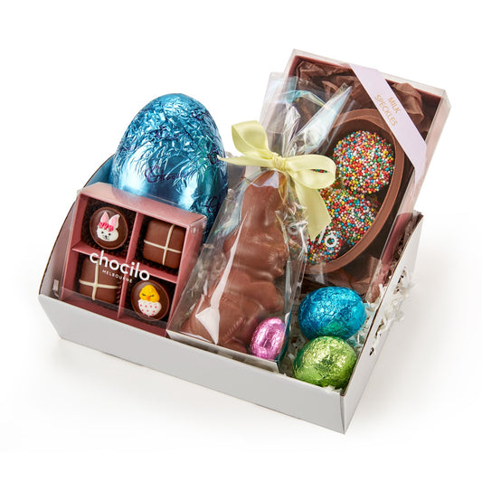 Chocilo Melbourne Happy Bunny Chocolate Easter Hamper wrapped in cello