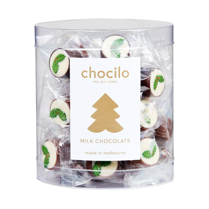 Chocilo Melbourne Christmas Plum Pudding Milk Chocolates individually wrapped in a clear tub