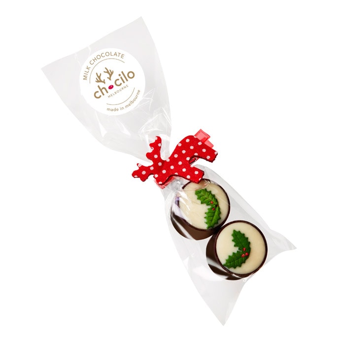 Chocilo Melbourne 2 Pack Christmas Milk Chocolate Plum Puddings in cello gift bag