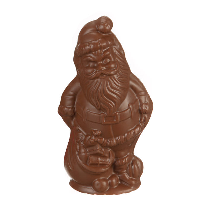 Chocilo Melbourne 90g Hand Made Father Christmas in couverture milk chocolate. Wrapped in clear cello gift bag, finished with a satin ribbon.