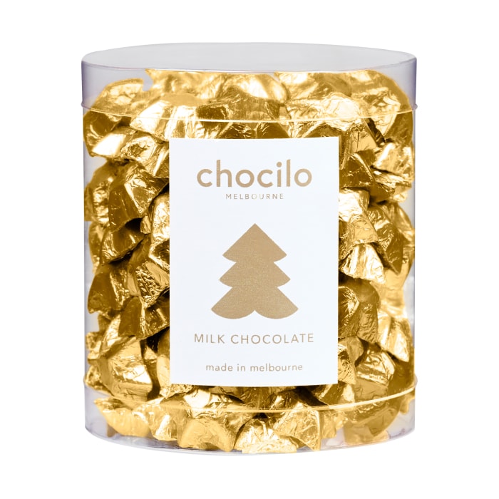 Chocilo Melbourne 875g Christmas Gold Foiled Solid Milk Chocolate Stars in a clear counter tub