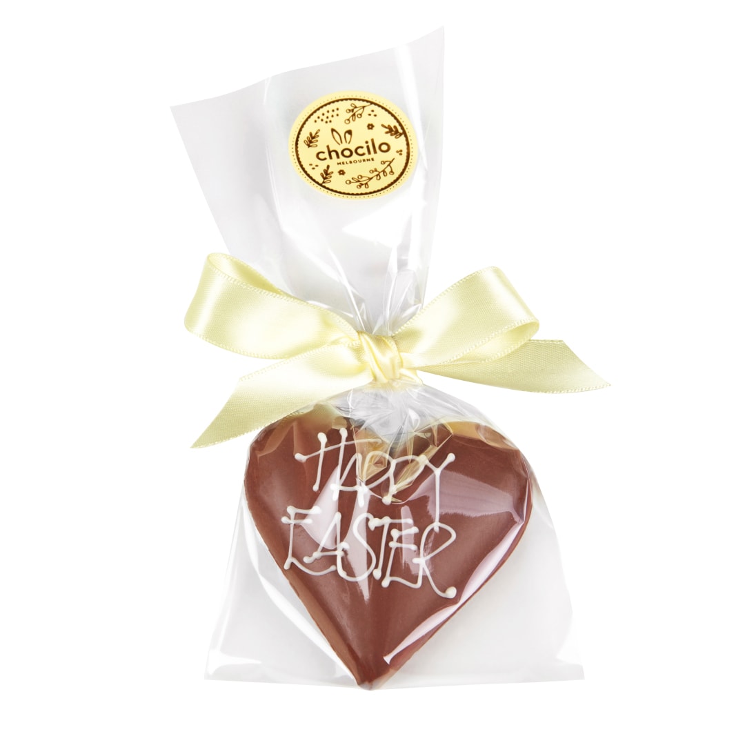 Chocilo Melbourne Happy Easter Praline Heart in Milk Chocolate in cello gift bag with satin ribbon 30g