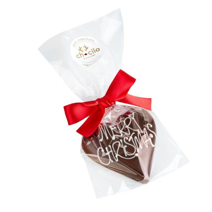 Chocilo Melbourne 30g Merry Christmas Dark Chocolate Praline Heart in clear cello gift bag