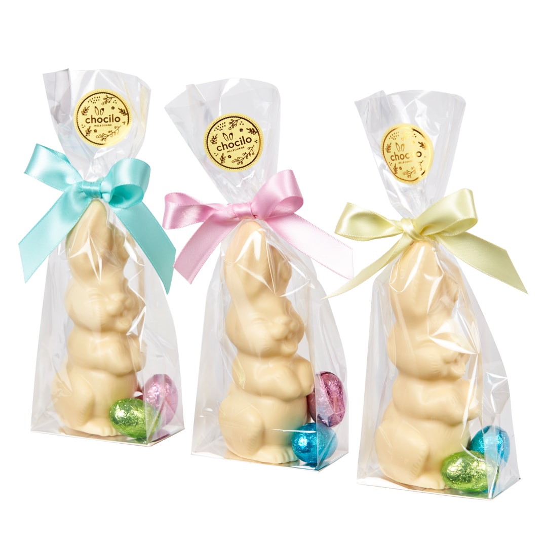 Chocilo Melbourne Smiling Bunny & Easter Eggs in White Chocolate 75g