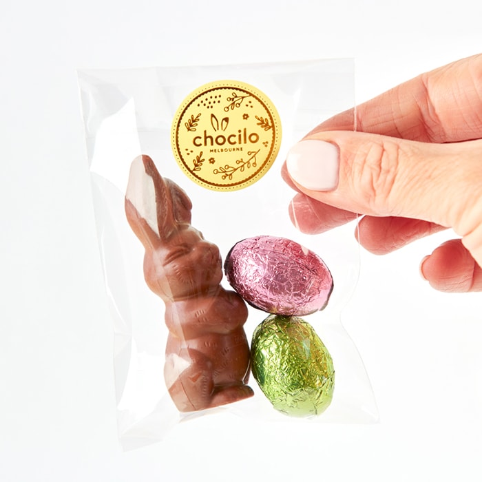 Small Smiling Bunny & 2 Eggs in Milk Chocolate Gift Bag - 25g