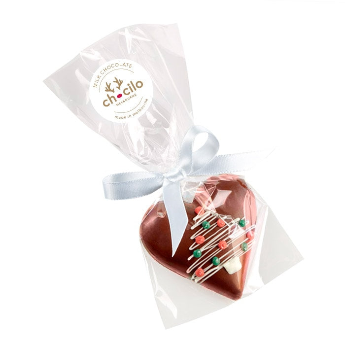 Chocilo Melbourne 30g Christmas Pattern Milk Chocolate Praline Heart in clear cello gift bag
