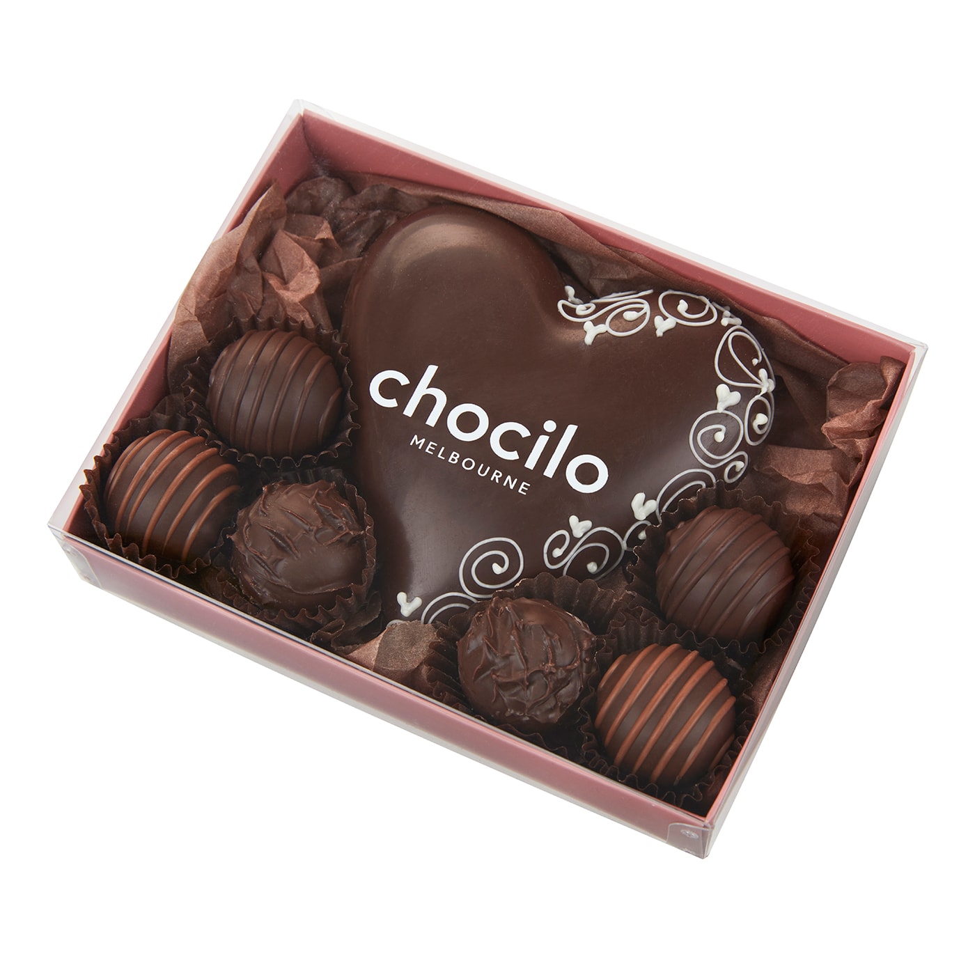 Chocilo Melbourne Dark Chocolate Heart with Assorted Dark Chocolate Truffles Gift Box.