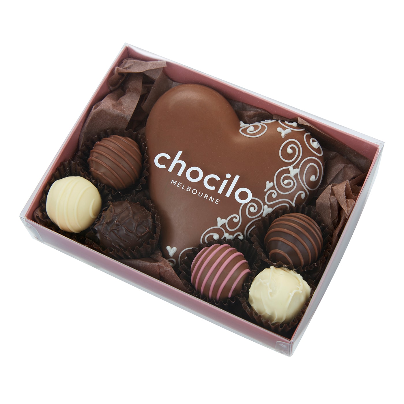 Chocilo Melbourne Milk Chocolate Heart with Assorted Chocolate Truffles Gift Box.