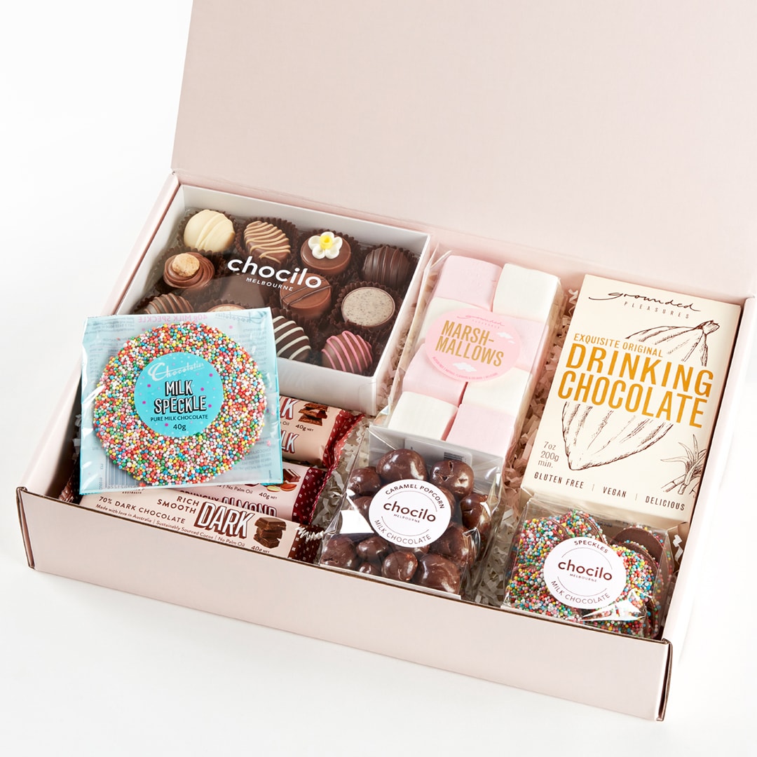 Chocilo Melbourne premium chocolate winter warmer gift hamper with Grounded Pleasures drinking chocolate and marshmallows.
