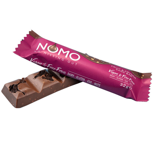 NOMO - No Missing Out Vegan Milk Fruit & CrunchChocolate & Free from Dairy, Gluten, Egg & Nuts. Available in Melbourne, Australia.