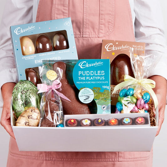 Chocilo Melbourne Easter Family Chocolate Hamper wrapped in cello