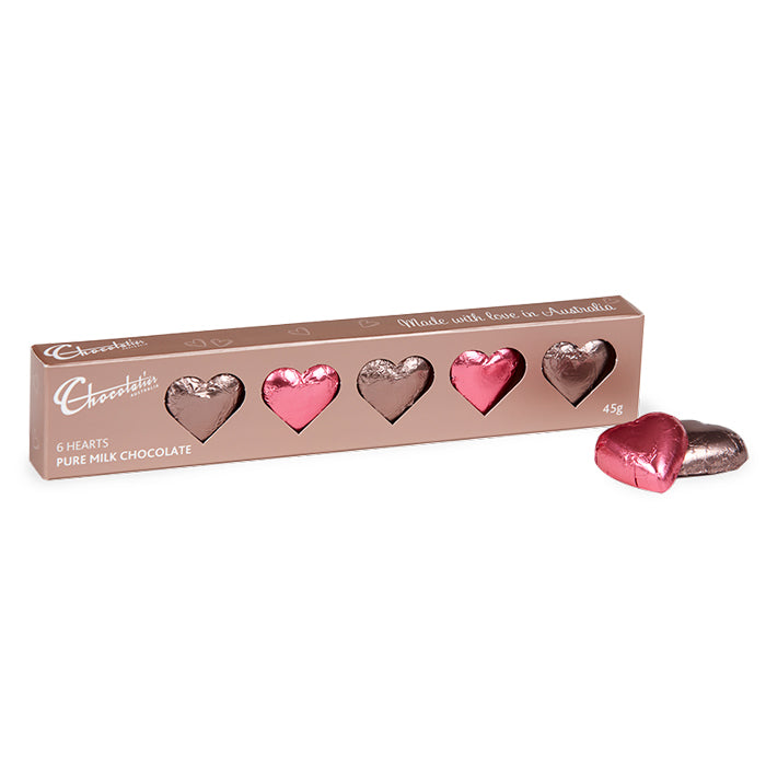 Chocolatier Australia 6 Pack Solid Milk Chocolate Hearts Gift Box (Pink & Mocha)