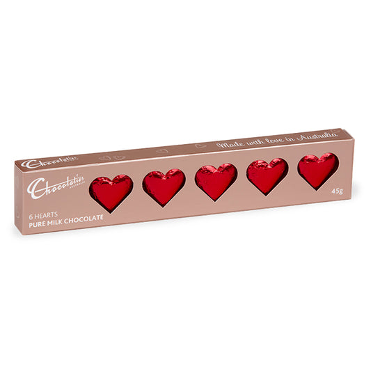 Chocolatier Australia 6 Pack Solid Milk Chocolate Hearts Gift Box (Red)