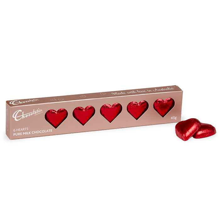 Chocolatier Australia 6 Pack Solid Milk Chocolate Hearts Gift Box (Red)
