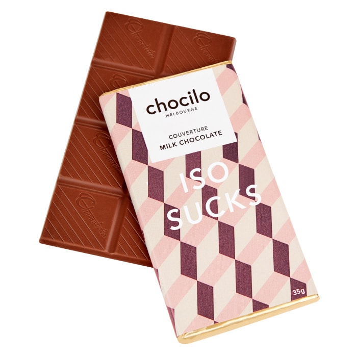 Chocilo Melbourne ISO Sucks 35g Milk Chocolate Block. Made in Melbourne.