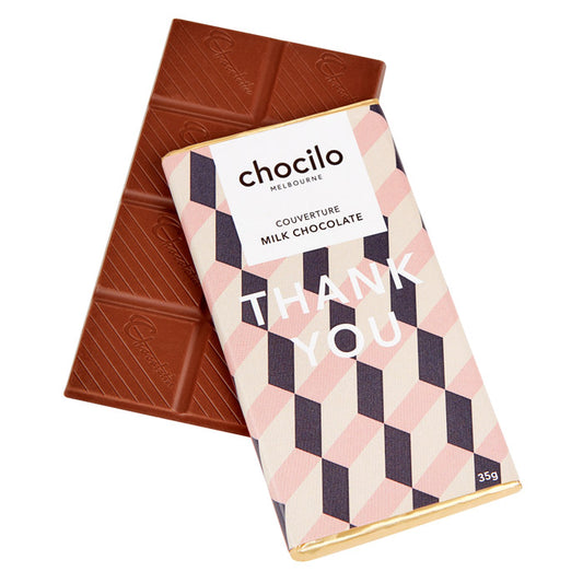 Chocilo Melbourne THANK YOU Message Block. Couverture Milk Chocolate. Made in Melbourne.