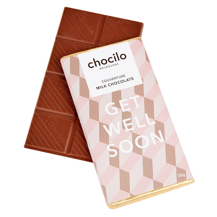 Chocilo Melbourne GET WELL SOON Message Block. Couverture Milk Chocolate. Made in Melbourne.
