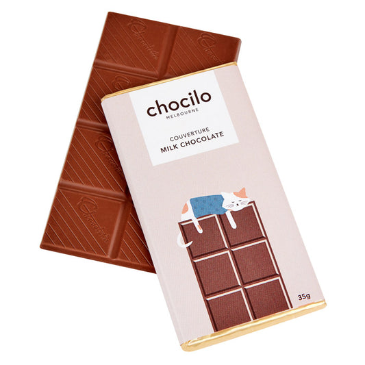 Chocilo Melbourne CAT Message Block. Couverture Milk Chocolate. Made in Melbourne.