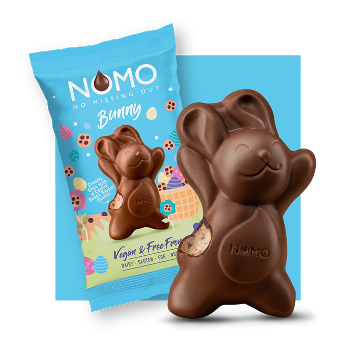 NOMO Cookie Dough Easter Bunny. Suitable for dairy, egg, gluten, peanut, and tree nut allergy sufferers. Available in Australia Wide.